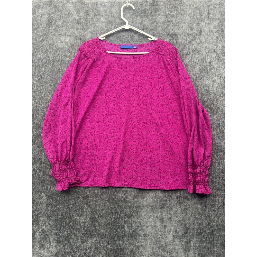Apt. 9 Top Womens XXL Magenta Pink Micro Dot Smocked Shoulder Classic Round Neck